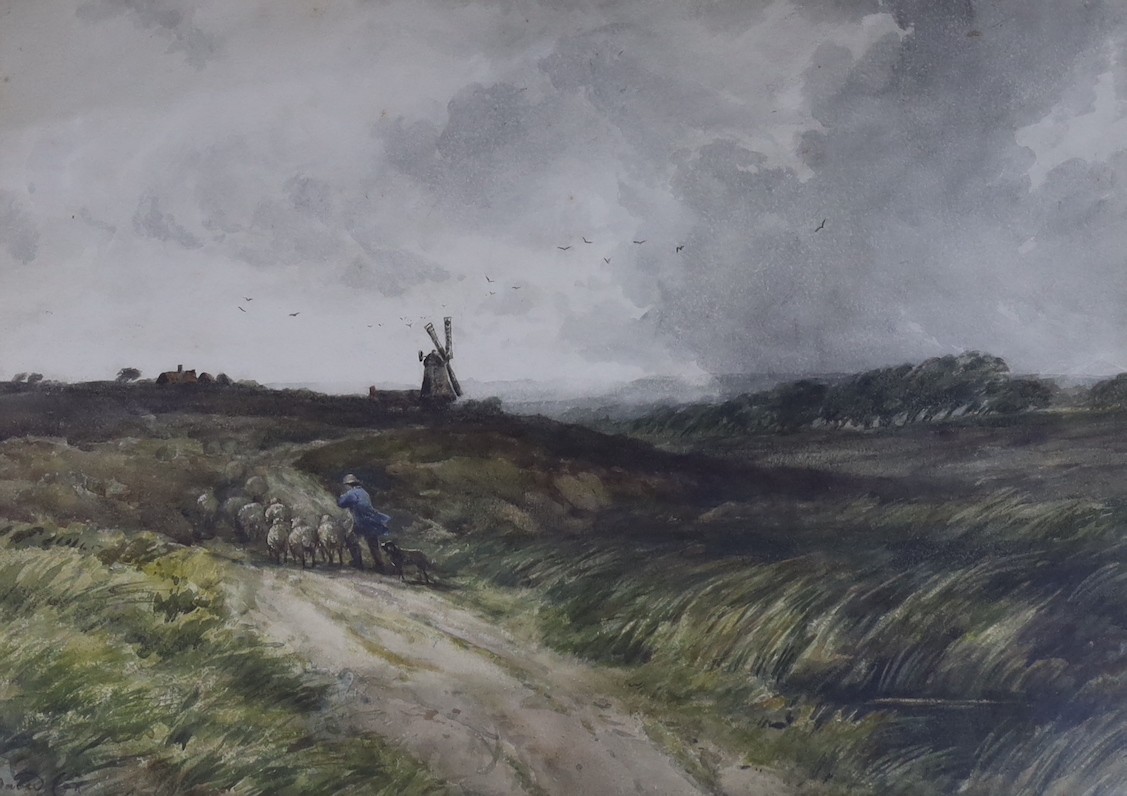 Attributed to David Cox, watercolour, Shepherd and flock in a windy landscape, bears signature, 47 x 67cm